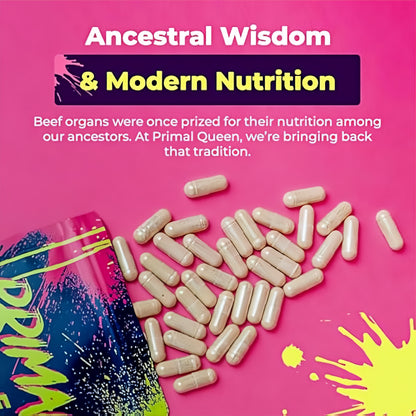 Primal Queen Female-Optimized Beef Organ Superfood Supplement (Beef Liver, Kidney, Heart, & 3 More) - 100% Grass Fed, Pasture Raised Cattle - Balance Hormones, Energy, & More for Women
